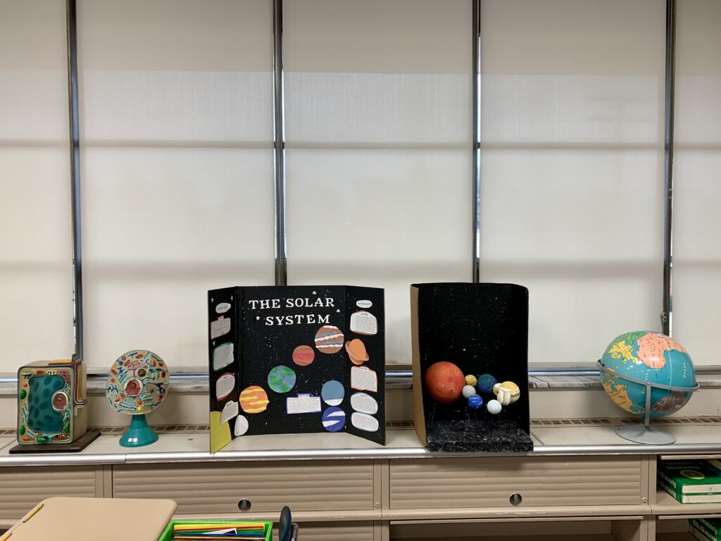 Science classroom with solar system projects